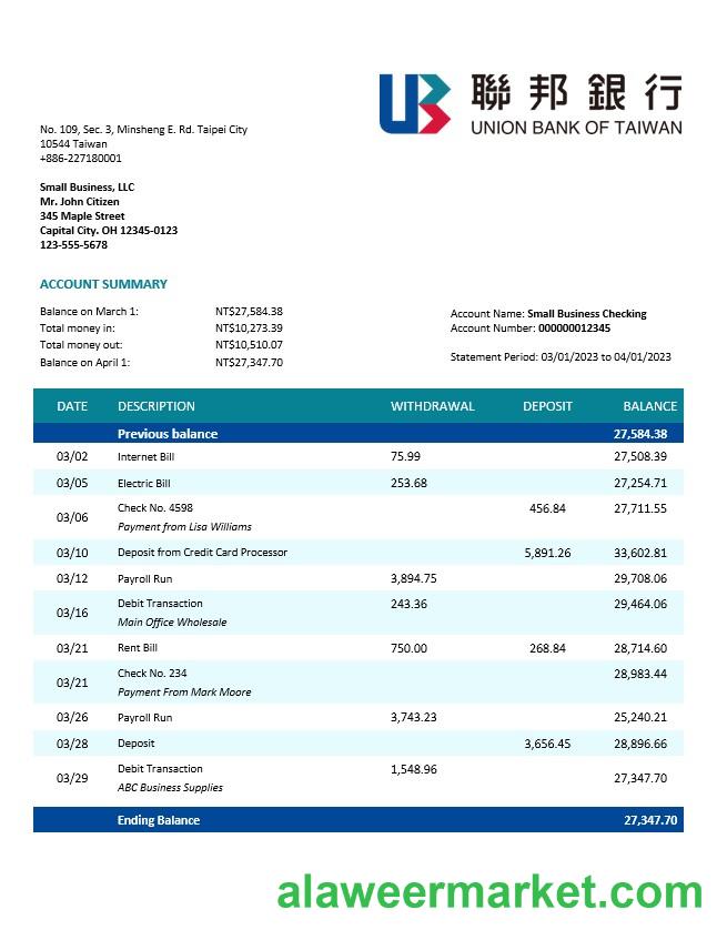 Union Bank of Taiwan company account statement Word and PDF template